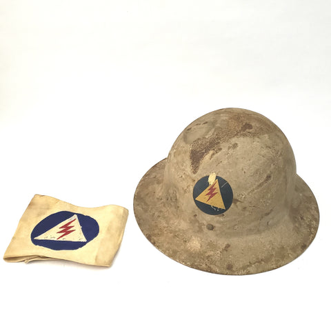 Original WWII Civilian Defense Messenger Steel Helmet and Arm Band  Signed ~1940's