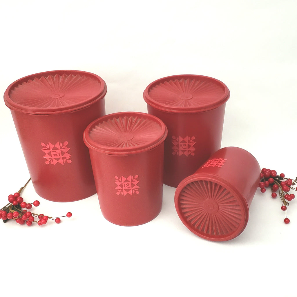 Vintage Red Tupperware Nesting Canister Set Tulip Quilt with Lids Servalier Line