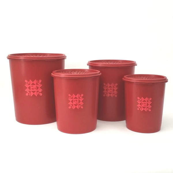 Vintage Red Tupperware Nesting Canister Set Tulip Quilt with Lids Servalier Line