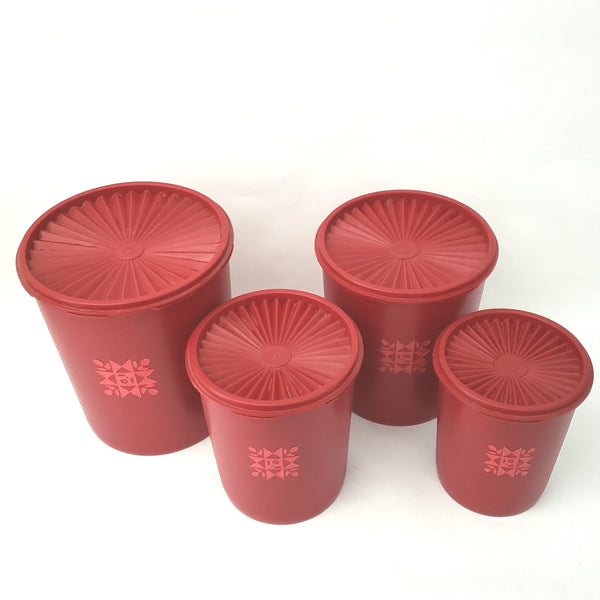 Vintage Red Tupperware Nesting Canister Set Tulip Quilt with Lids Servalier Line