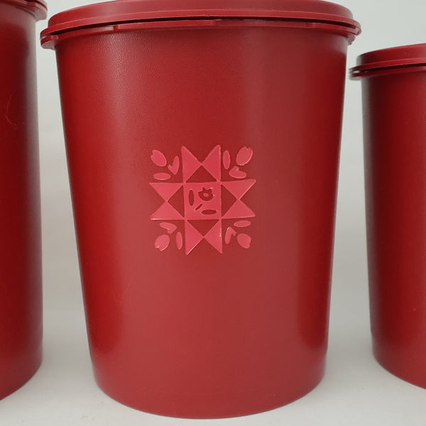 Vintage Red Tupperware Nesting Canister Set Tulip Quilt with Lids Servalier Line