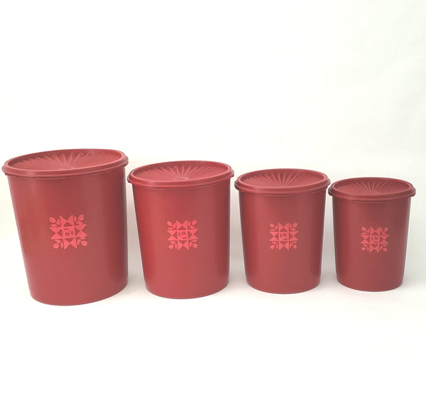 Vintage Red Tupperware Nesting Canister Set Tulip Quilt with Lids Servalier Line