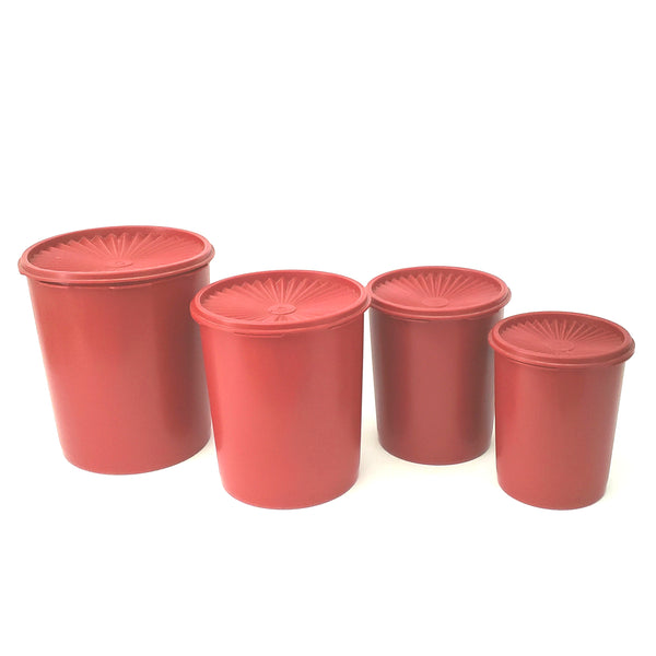 Vintage Red Tupperware Nesting Canister Set Tulip Quilt with Lids Servalier Line