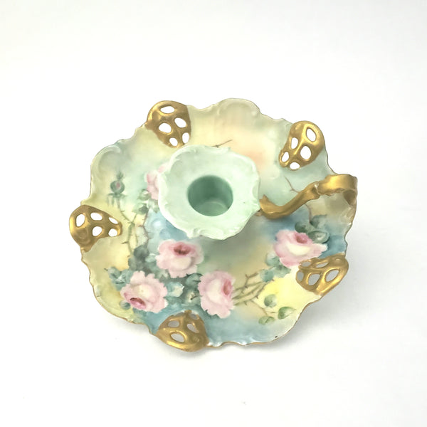 Antique Hand Painted Porcelain Candle Holder RC Moliere Bavaria Germany Artist Signed