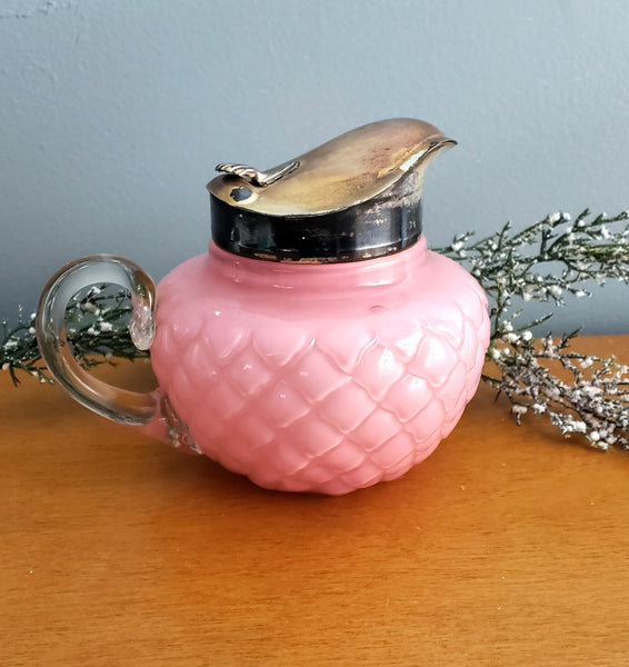 Vintage Pink Glass Syrup Pitcher Diamond Quilted Pattern 4 inch