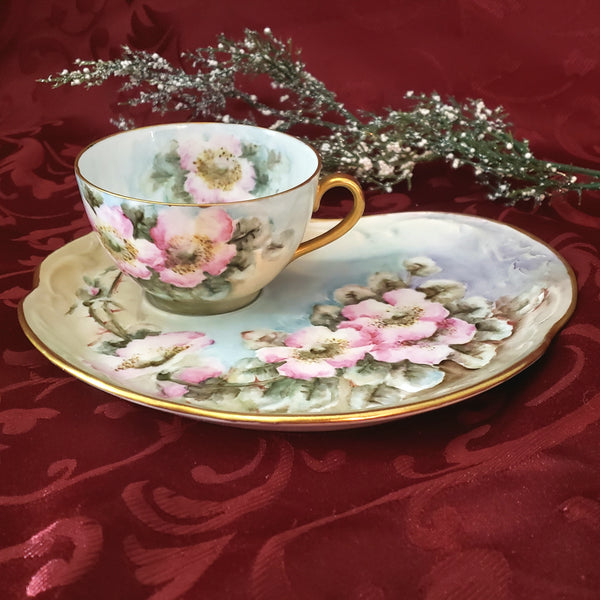 Antique Royal Austria Tea Cup and Limoges France Biscuit Tray Artist Signed Millspaugh 1911