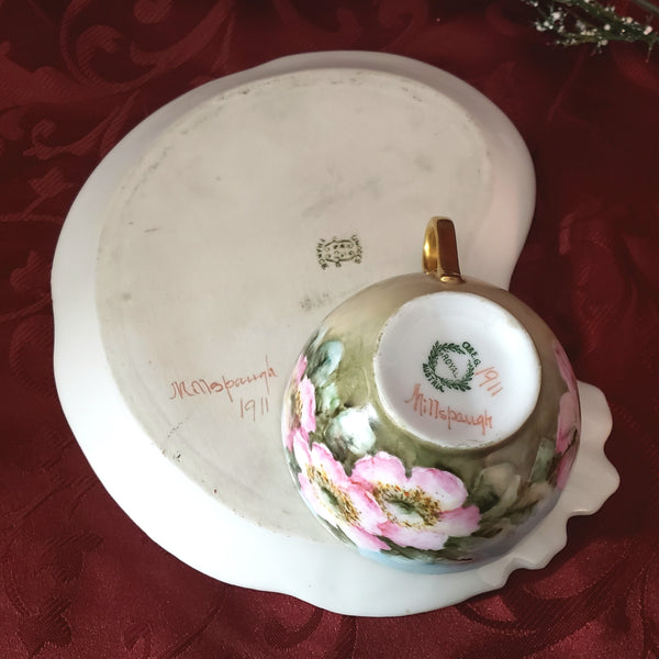 Antique Royal Austria Tea Cup and Limoges France Biscuit Tray Artist Signed Millspaugh 1911