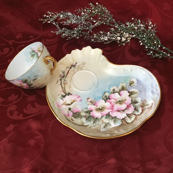 Antique Royal Austria Tea Cup and Limoges France Biscuit Tray Artist Signed Millspaugh 1911