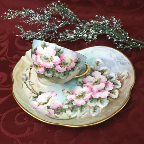 Antique Royal Austria Tea Cup and Limoges France Biscuit Tray Artist Signed Millspaugh 1911