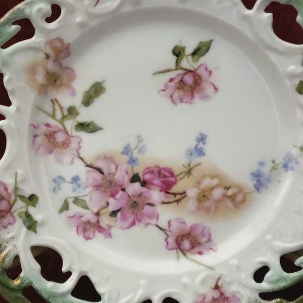 Antique Cabinet Dish with Pierced Rim and Roses - Germany