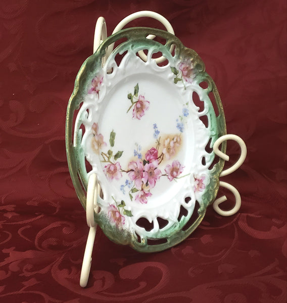 Antique Cabinet Dish with Pierced Rim and Roses - Germany