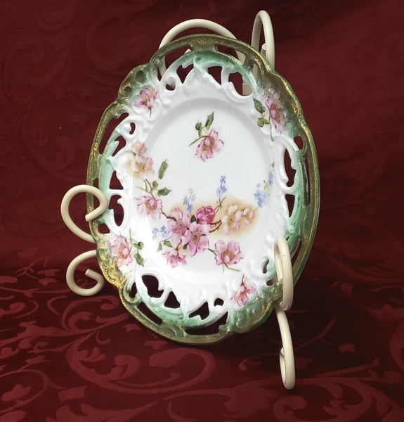 Antique Cabinet Dish with Pierced Rim and Roses - Germany