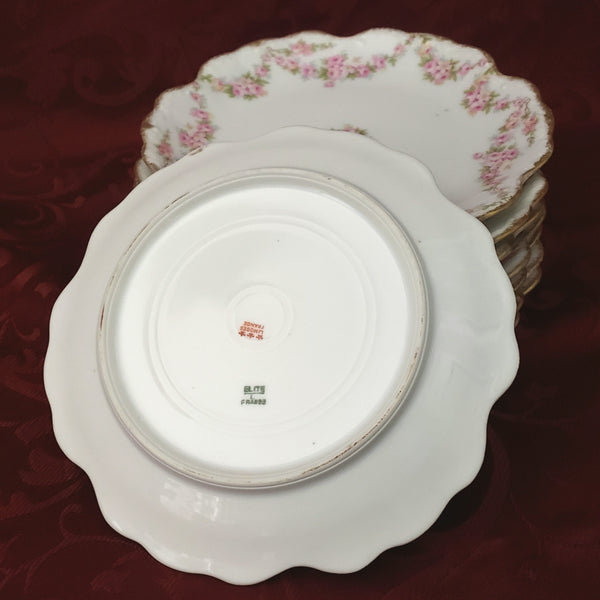 Antique Porcelain Salad Plates Set of 8 Pink Rose Swag Limoges France