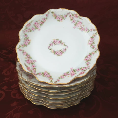 Antique Porcelain Salad Plates Set of 8 Pink Rose Swag Limoges France