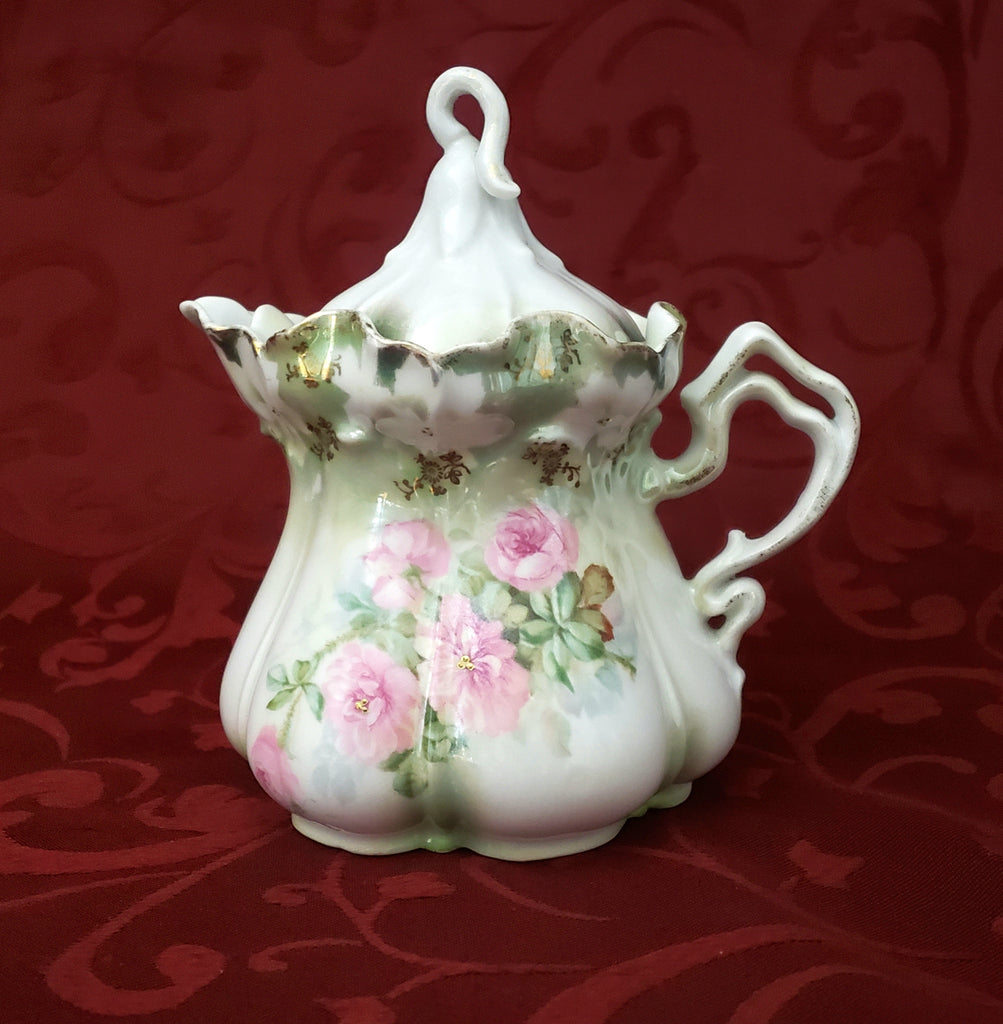 Antique RS Prussia Syrup Pitcher with Lid Pink Roses Scalloped Rim