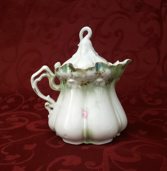 Antique RS Prussia Syrup Pitcher with Lid Pink Roses Scalloped Rim