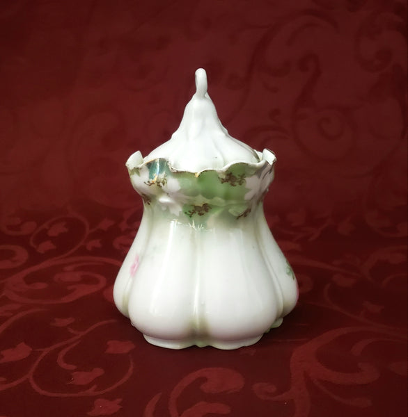 Antique RS Prussia Syrup Pitcher with Lid Pink Roses Scalloped Rim