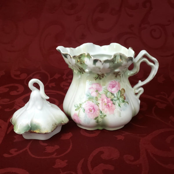 Antique RS Prussia Syrup Pitcher with Lid Pink Roses Scalloped Rim