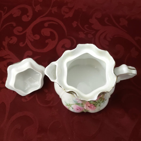 Antique RS Prussia Syrup Pitcher with Lid Pink Roses Scalloped Rim