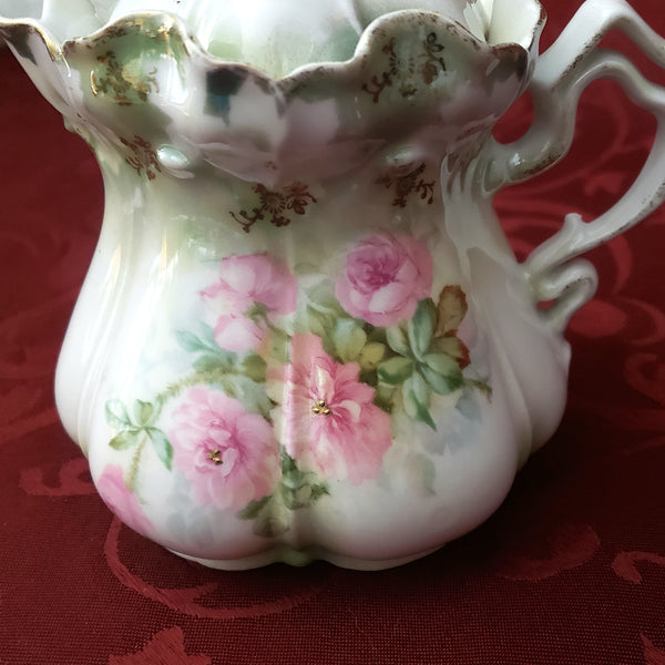Antique RS Prussia Syrup Pitcher with Lid Pink Roses Scalloped Rim