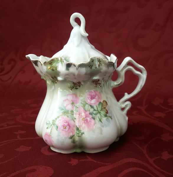 Antique RS Prussia Syrup Pitcher with Lid Pink Roses Scalloped Rim