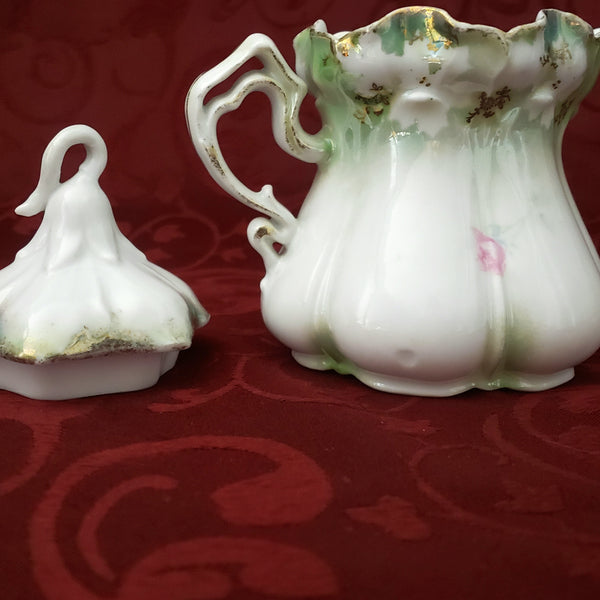 Antique RS Prussia Syrup Pitcher with Lid Pink Roses Scalloped Rim