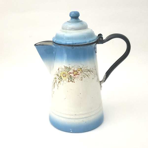 Antique Enameled Coffee Pot Blue & White Blend Flowers Riveted Handle by Stewart