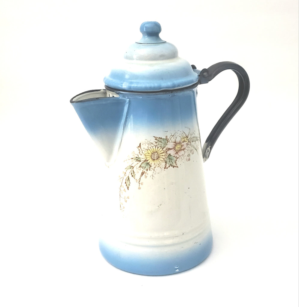 Antique Enameled Coffee Pot Blue and White Blend Flowers Riveted Handle by Stewart