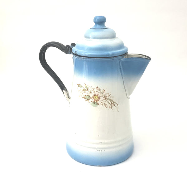 Antique Enameled Coffee Pot Blue & White Blend Flowers Riveted Handle by Stewart