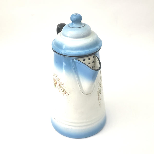 Antique Enameled Coffee Pot Blue & White Blend Flowers Riveted Handle by Stewart