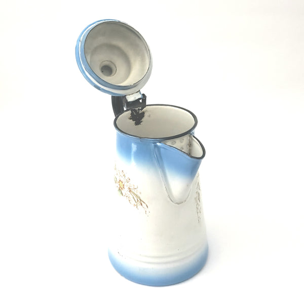 Antique Enameled Coffee Pot Blue & White Blend Flowers Riveted Handle by Stewart