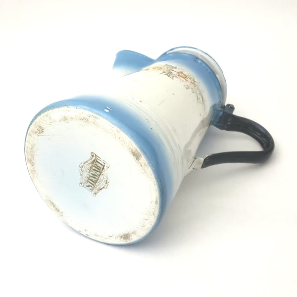 Antique Enameled Coffee Pot Blue & White Blend Flowers Riveted Handle by Stewart