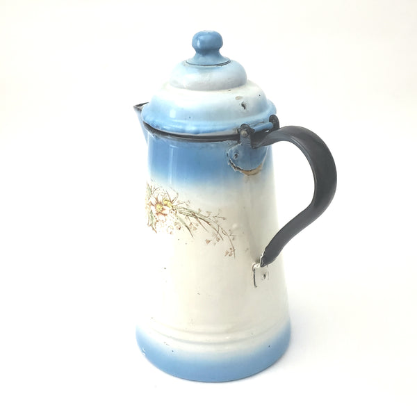 Antique Enameled Coffee Pot Blue & White Blend Flowers Riveted Handle by Stewart