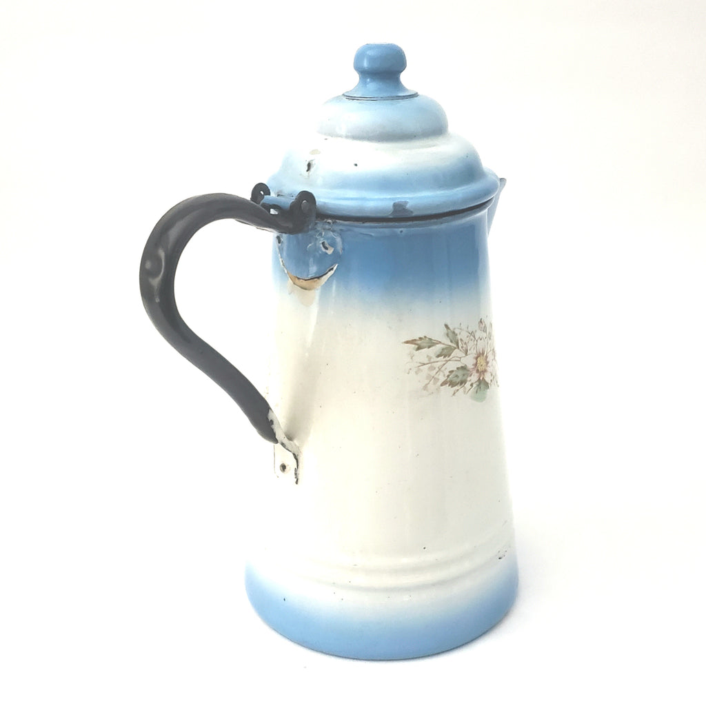 Enamelware Coffee Pot Blue White Swirl Bail Handle Large Size 1900