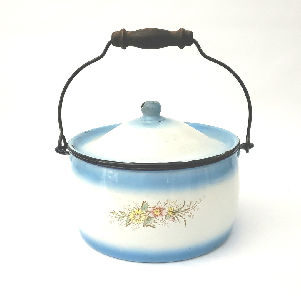 Antique Enamel Ware Bucket Blue & White With Flowers Wooden Grip by Stewart