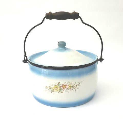 Antique Enamel Ware Bucket Blue & White With Flowers Wooden Grip by Stewart