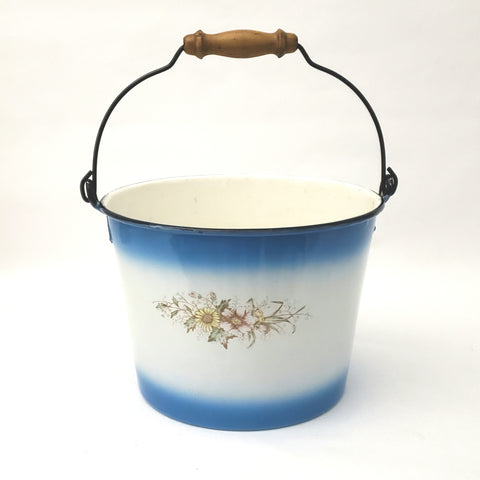 Antique Enamel Ware Kettle Blue & White with Flowers Wooden Grip - No Lid
