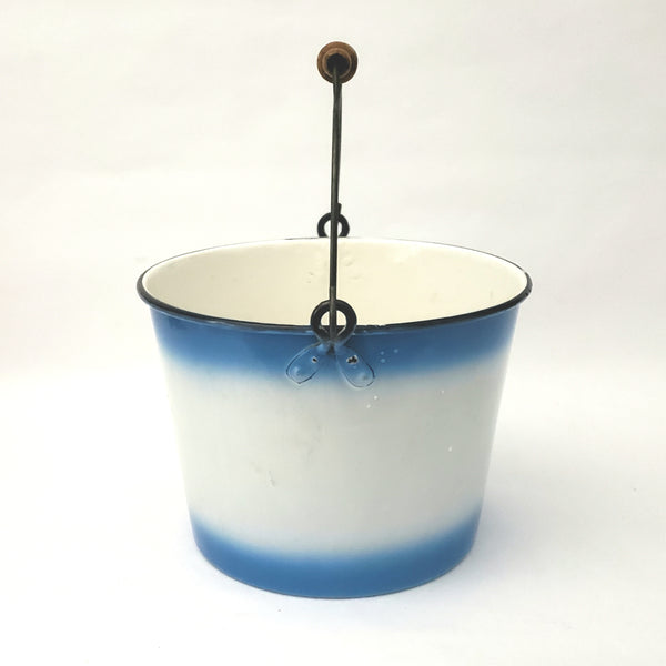 Antique Decorated Enamel Ware Bucket Blue & White with Flowers Wooden Grip - No Lid