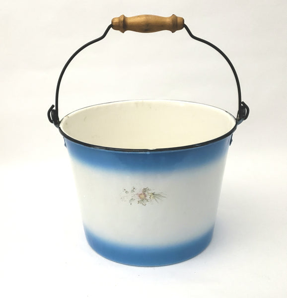 Antique Decorated Enamel Ware Bucket Blue & White with Flowers Wooden Grip - No Lid