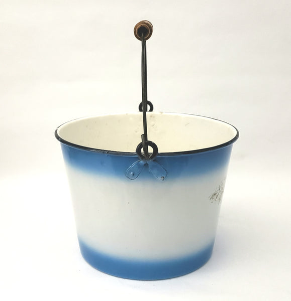 Antique Decorated Enamel Ware Bucket Blue & White with Flowers Wooden Grip - No Lid