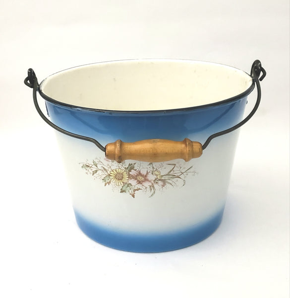 Antique Decorated Enamel Ware Bucket Blue & White with Flowers Wooden Grip - No Lid
