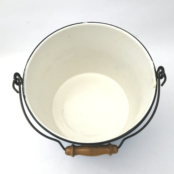 Antique Decorated Enamel Ware Bucket Blue & White with Flowers Wooden Grip - No Lid