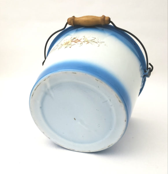 Antique Decorated Enamel Ware Bucket Blue & White with Flowers Wooden Grip - No Lid