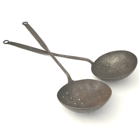 Early American Rustic Hearth Iron Ladle and Skimmer