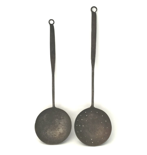 Early American Rustic Hearth Iron Ladle and Skimmer
