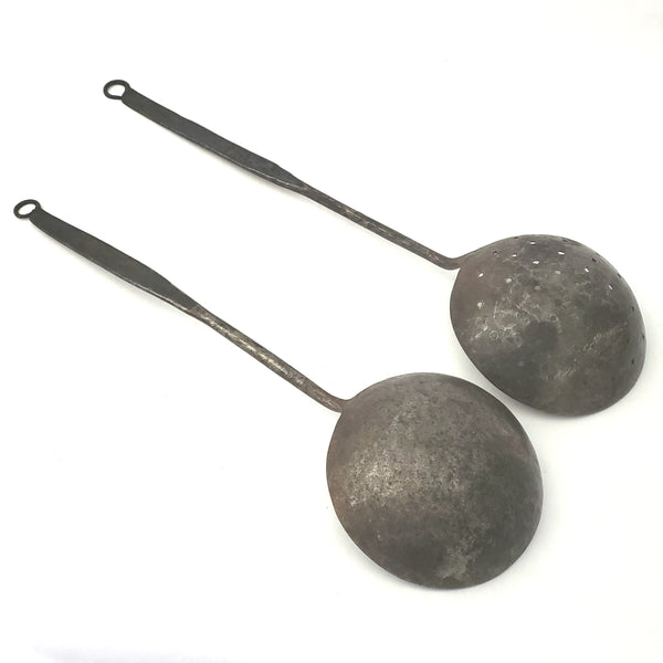 Early American Rustic Hearth Iron Ladle and Skimmer