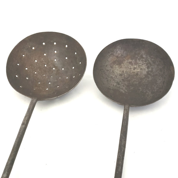 Early American Rustic Hearth Iron Ladle and Skimmer