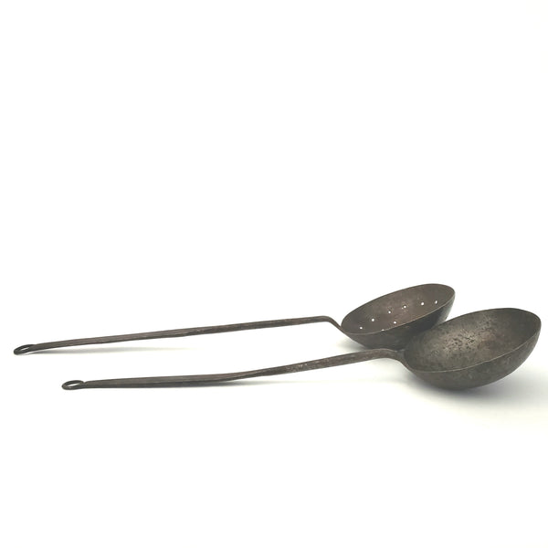 Early American Rustic Hearth Iron Ladle and Skimmer