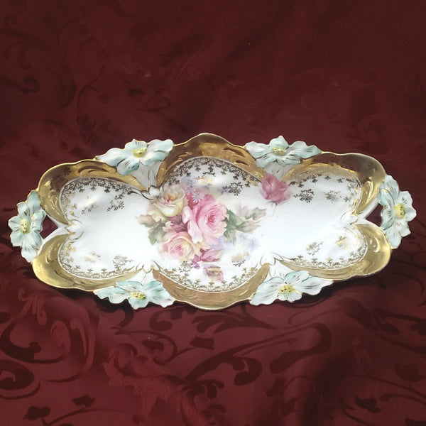 Antique Porcelain Celery or Relish Dish Highly Decorated Pierced Handles Germany