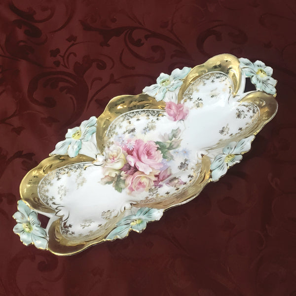 Antique Porcelain Celery or Relish Dish Highly Decorated Pierced Handles Germany